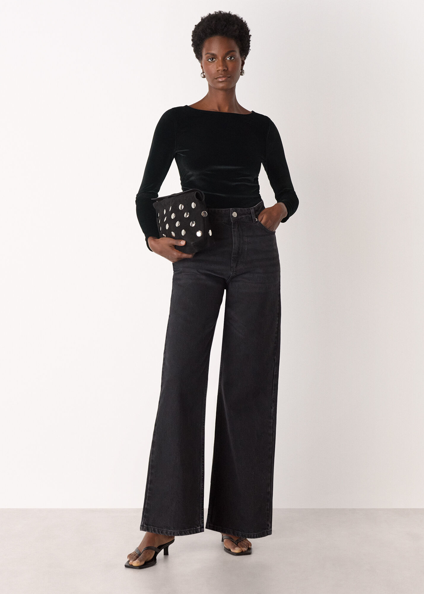 Black Straight Neck Velvet Top | WHISTLES | Whistles US |
